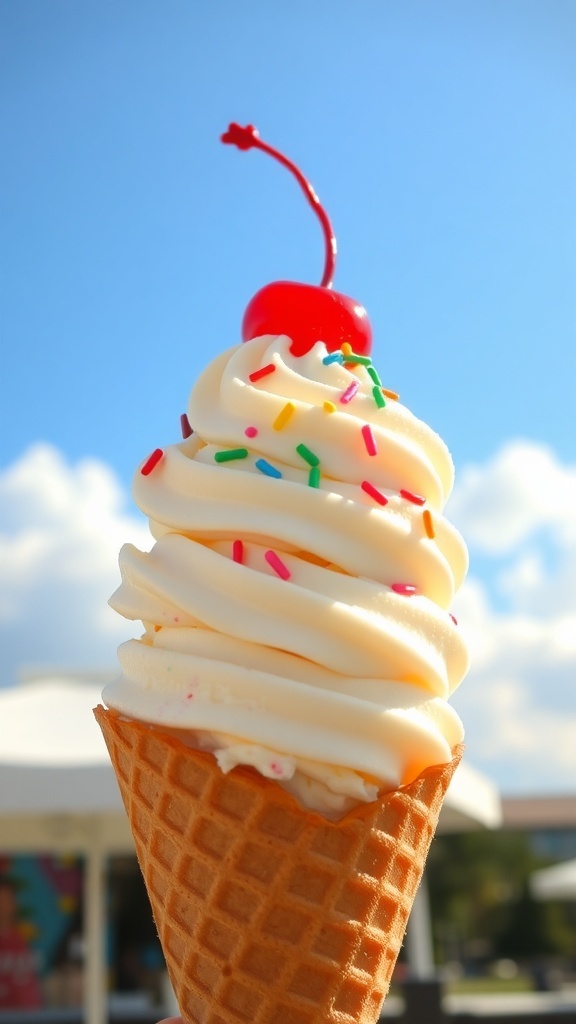 A delicious ice cream cone with sprinkles and a cherry, set against a sunny backdrop.
